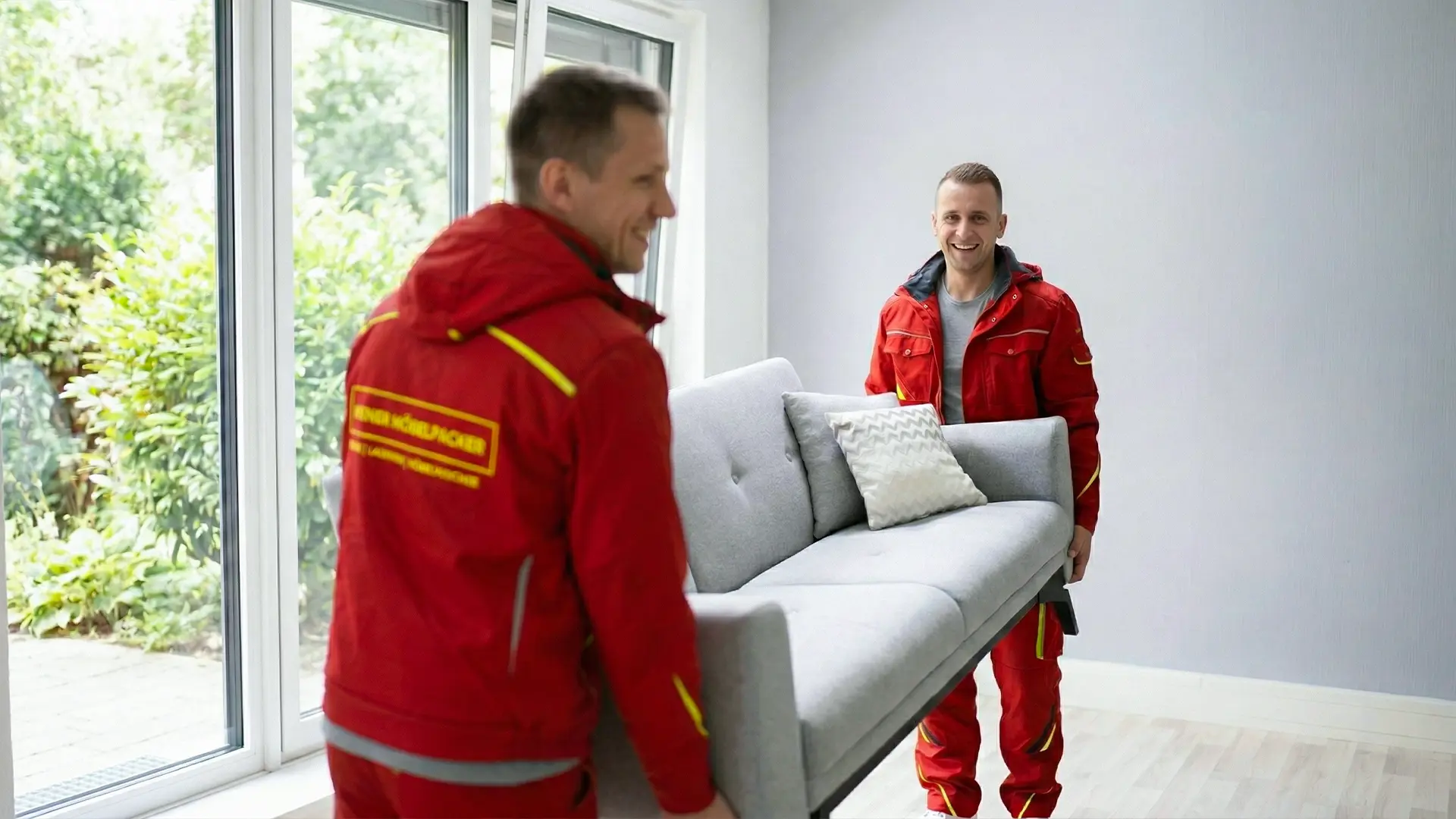 Umzugshelfer tragen Sofa gemeinsam