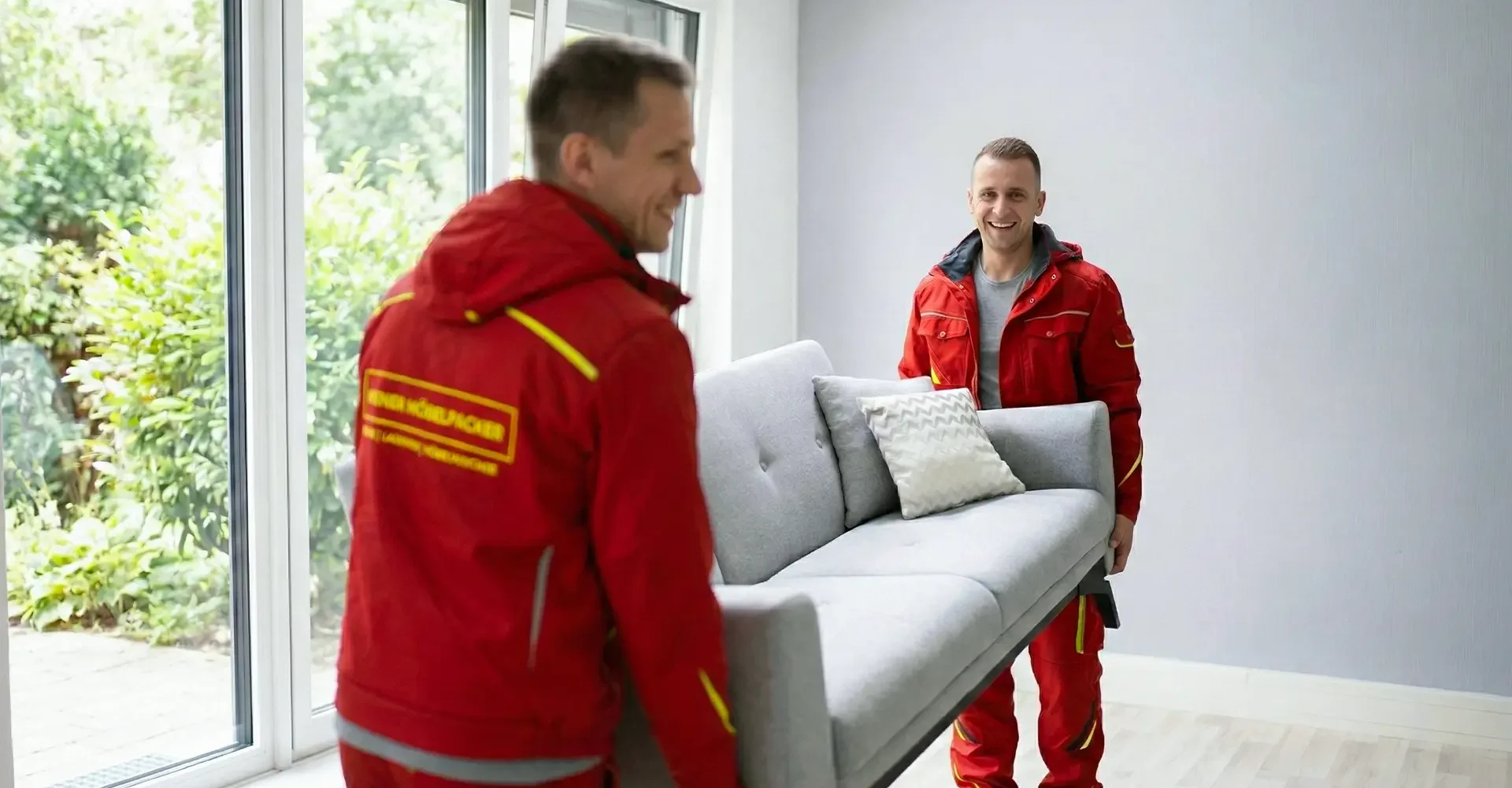 Umzugshelfer tragen Sofa gemeinsam